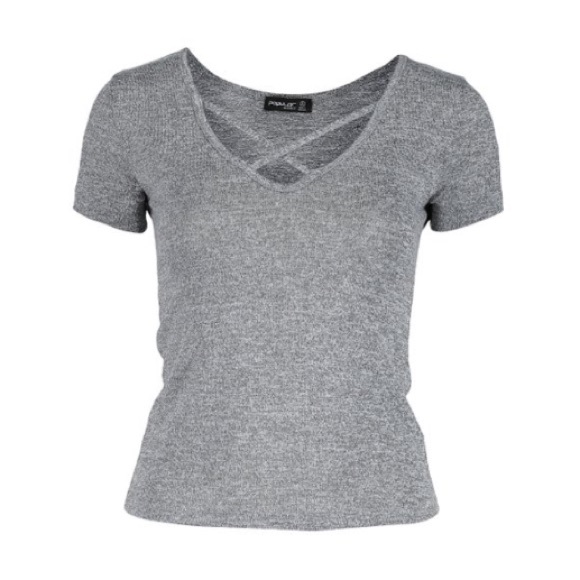 Popular Basics Tops - Grey Criss Cross Accent Short Sleeve Tee